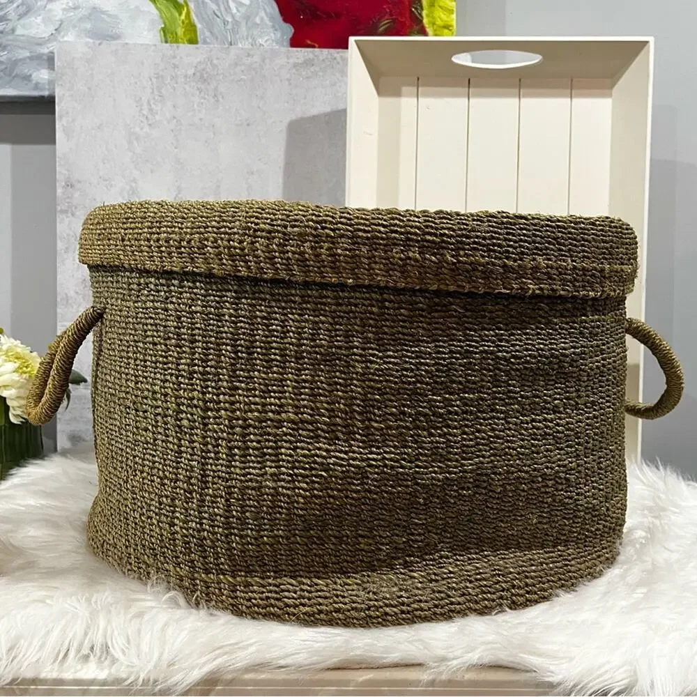 NEW Pottery Barn Round Woven Floor Nesting Storage Baskets Raffia Wicker LG Set